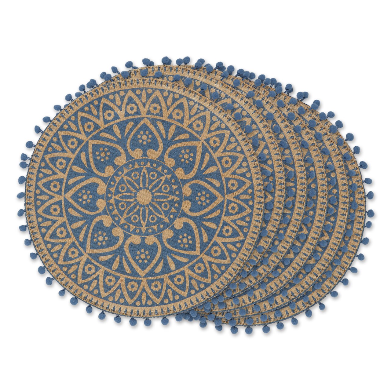 Contemporary Home Living Block Print Round Placemats - 15" - Blue and Beige - Set of 6